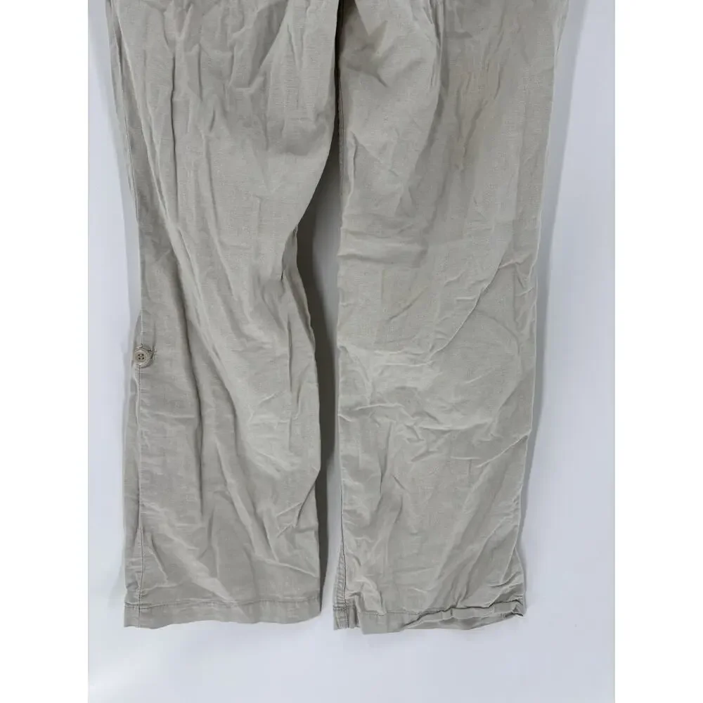 H&M Pants Womens 6 Beige Linen Cotton Pockets Straight Leg Comfort Mid Rise